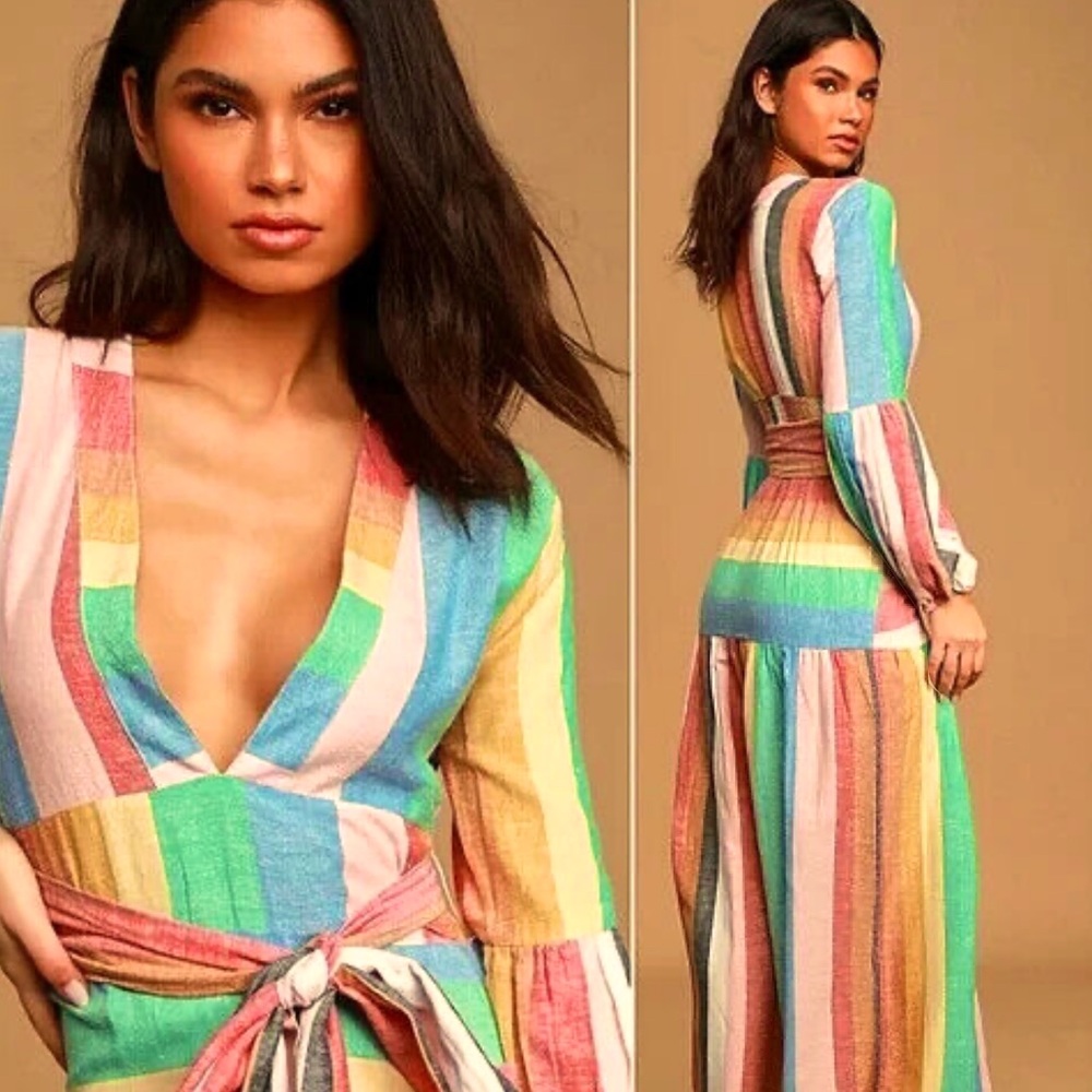 Billabong + Sincerely Jules Rainbow Linen Striped Maxi Dress